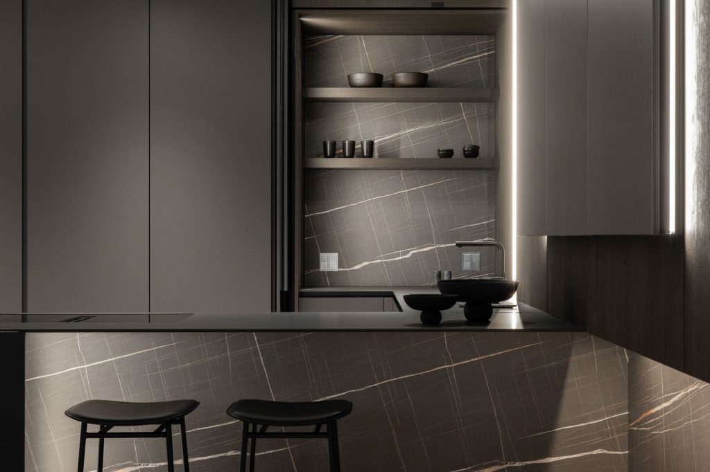 Bucătărie pe comandă Made in Italy – Showroom Design Radar Bucuresti - bucatarie gri cu blat din fenix9